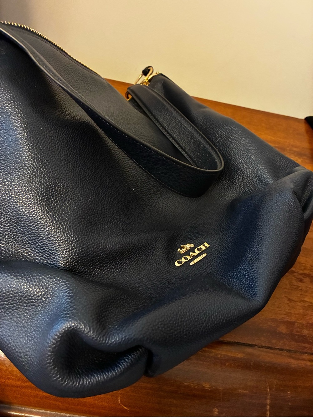 Coach Navy Pebbled Leather Hobo with Gold Logo